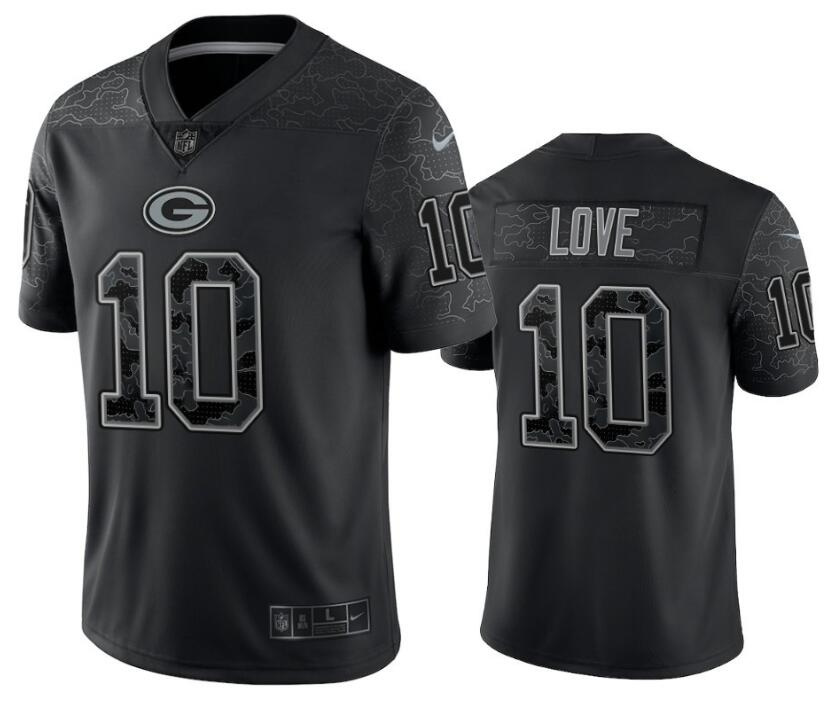 Men's Green Bay Packers #10 Jordan Love Black Reflective Limited Stitched Football Jersey Men's Green Bay Packers #10 Jordan Love Black Reflective Limited Stitched Football Jersey